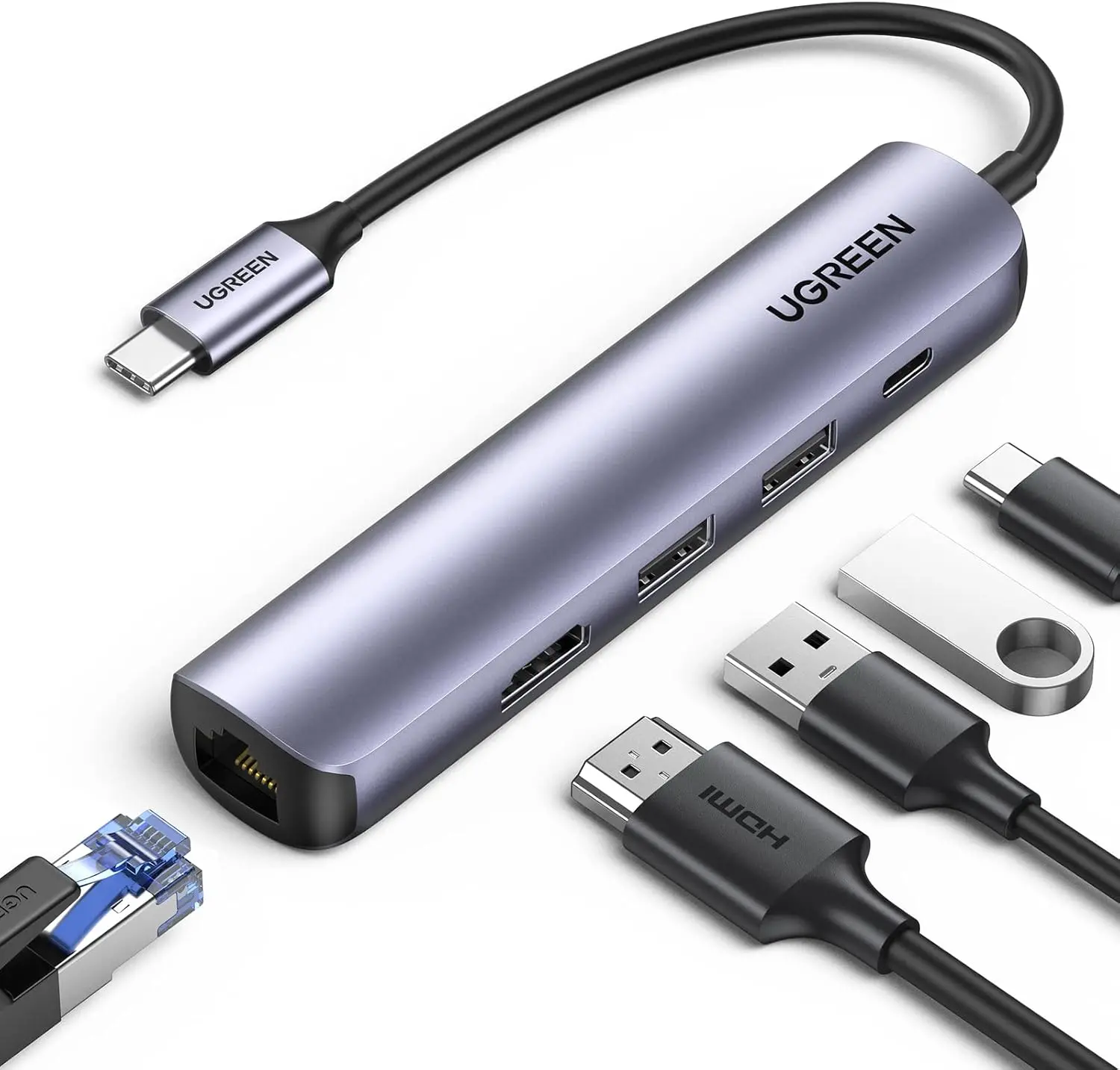 Ugreen CM418-10919 Type C 2-Port USB 3.0+HDMI+RJ45+PD Hub Gray-image-2