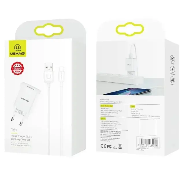 Usams T21+U-Turn Lightning Cable Charger Kit White (T21OCLN01)-image-2